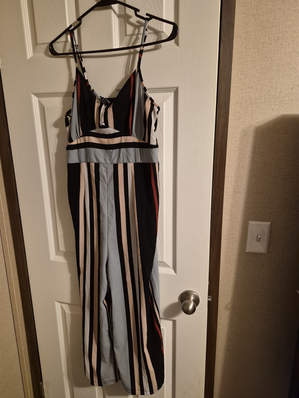 Angie Striped Spaghetti-Strap Jumpsuit in Black, Cream, Blue & Red